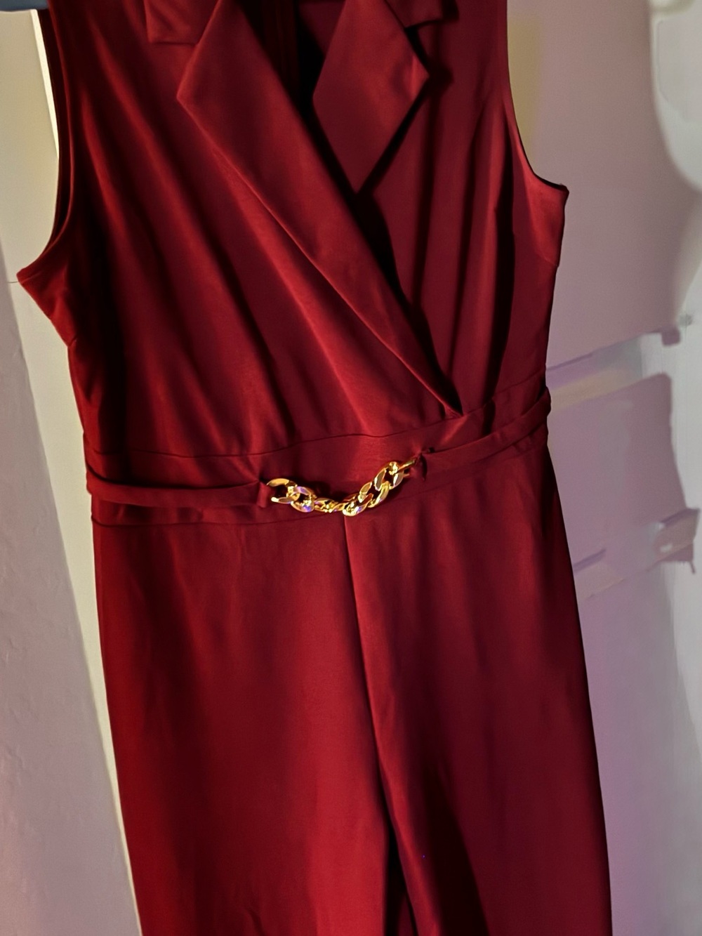 70’s style Sleeveless Burgundy Jumpsuit with Gold Chain Detail